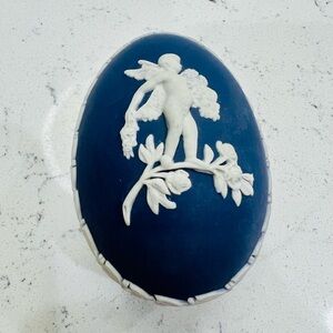 Vintage Wedgwood Blue Jasperware Egg Trinket Box Cupid on Rose Branch England